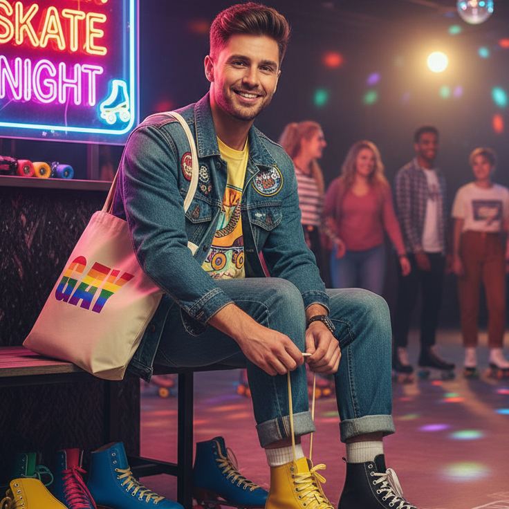 A young man ties yellow roller skates, with a GAY rainbow tote bag over his shoulder, embodying pride and eco-consciousness. The scene radiates joyful queer energy at a vibrant roller-skating rink.