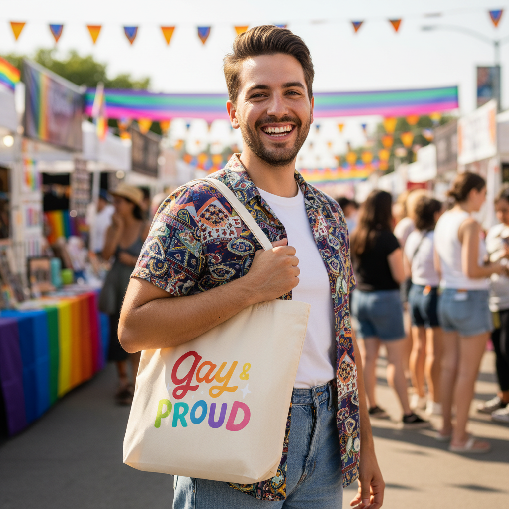 Gay & Proud Eco Tote Bag held by a smiling man in a patterned shirt at a lively, sunny pride fest with colorful pride flags and booths.