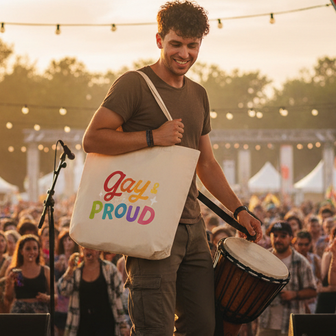 Young man joyfully plays djembe at festival, showcasing Gay & Proud Eco Tote Bag over shoulder. The tote, made from organic cotton, is perfect for expressing pride and carrying essentials.