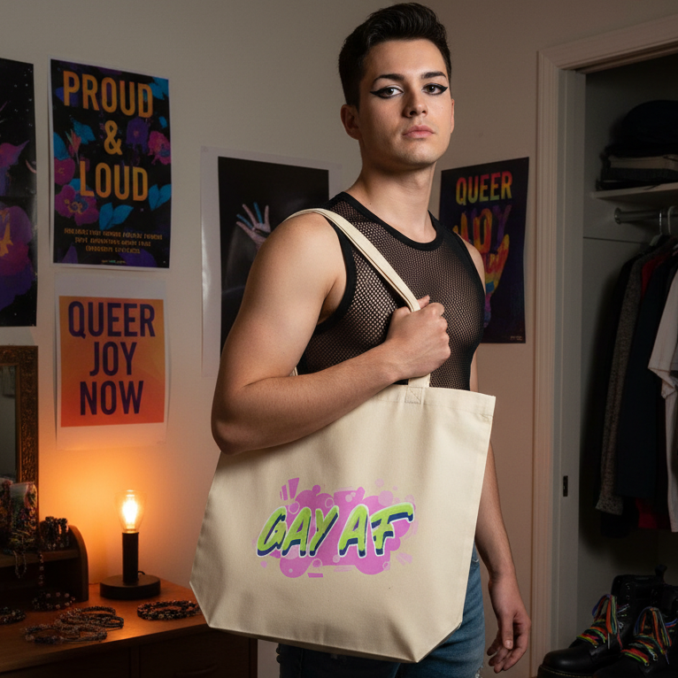 A person confidently showcases the GAY AF Eco Tote Bag in a vibrant, pride-themed room, celebrating queer visibility with bold, graffiti-style lettering on an organic cotton tote perfect for stylish self-expression.