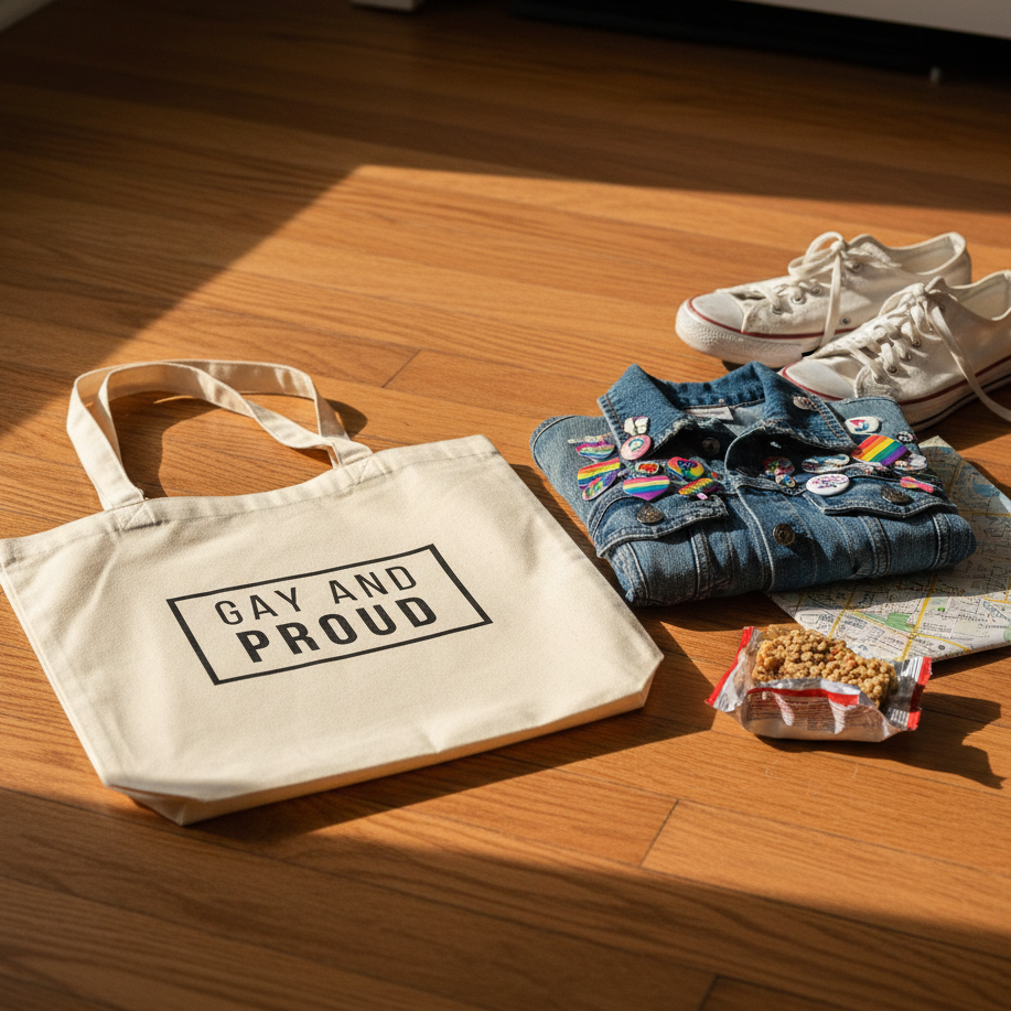 The Gay And Proud Eco Tote Bag rests on a wooden floor, alongside a denim jacket with rainbow pins, a city map, and untied white sneakers, embodying vibrant, eco-friendly, prideful self-expression.