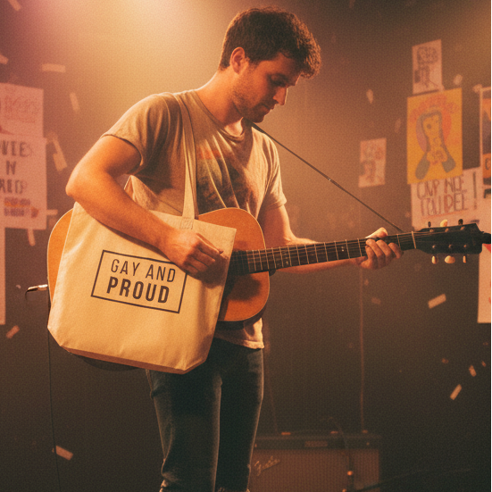 Young person on stage strums guitar, carrying the Gay And Proud Eco Tote Bag with ample space for essentials, embodying queer pride and eco-consciousness in a lively, celebratory setting.