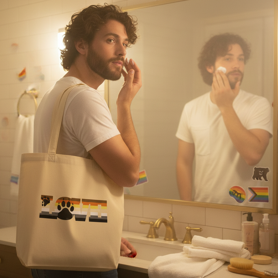 A bearded man applies cream in front of a mirror, showcasing the Gay Bear Love Eco Tote Bag with a LOVE design, promoting pride and eco-consciousness.