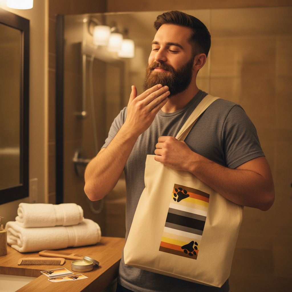 A bearded man in a bathroom holds the Gay Bear Pride Eco Tote Bag with brown and gold stripes and paw-print motifs, embodying eco-friendly, queer pride and self-expression.