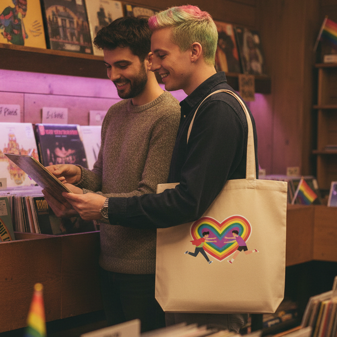 Person holding a Gay Couple Eco Tote Bag with a rainbow-striped heart and cartoon figures, browsing vinyl records in a vibrant, prideful shop setting, embodying eco-friendly, joyful queer energy.