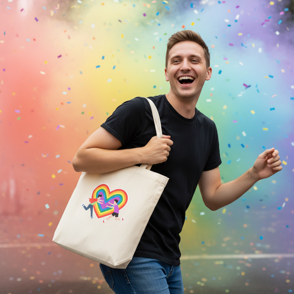 Gay Couple Eco Tote Bag with a rainbow heart and dancing queer figures, carried by a smiling man amid confetti and rainbow colors.