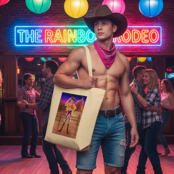 The Gay Cowboy At Sunset Eco Tote Bag, featuring a vibrant rainbow cowboy illustration, is slung over a fit shirtless man in a festive Pride-themed dance hall, exuding bold, joyful queer energy.