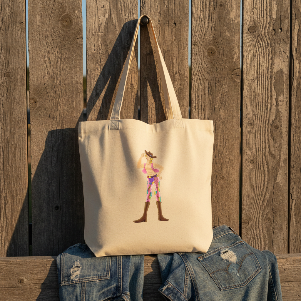Eco tote bag in cream organic cotton with "The Gay Cowboy" design, a woman in pink floral boots and hat, on a fence above denim.