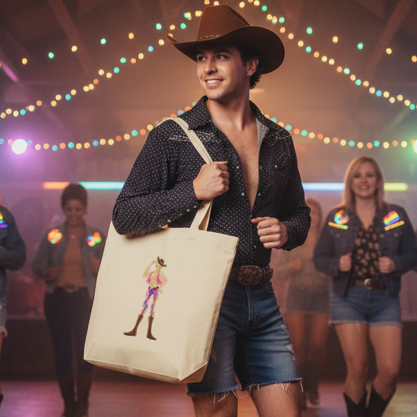 Young man at a barn party showcases the Gay Cowboy Eco Tote Bag, featuring a vibrant cowboy illustration, embodying queer pride and self-expression. The organic cotton tote is eco-conscious and spacious.