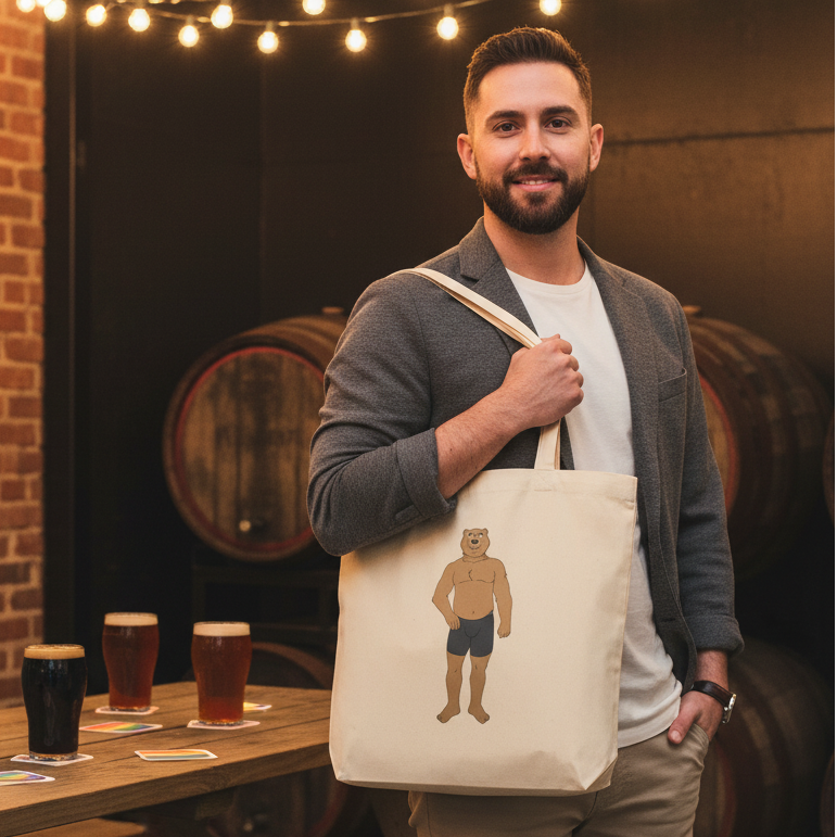 A bearded man in a taproom holds the Gay Cub Eco Tote Bag, featuring a playful bear illustration, promoting eco-consciousness and queer pride. Three beers on the bar add to the vibrant atmosphere.