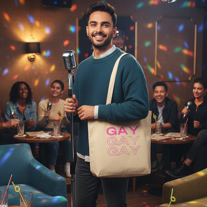 Smiling man in a karaoke lounge, holding a microphone and wearing the Gay Gay Gay Eco Tote Bag, boldly displaying GAY in pink. The tote embodies pride and self-expression with eco-friendly organic cotton.