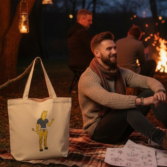 Gay Giraffe Eco Tote Bag on plaid blanket by campfire. Features a quirky cartoon yellow cat character, symbolizing queer pride and self-expression. A stylish, eco-friendly statement for carrying essentials with pride.
