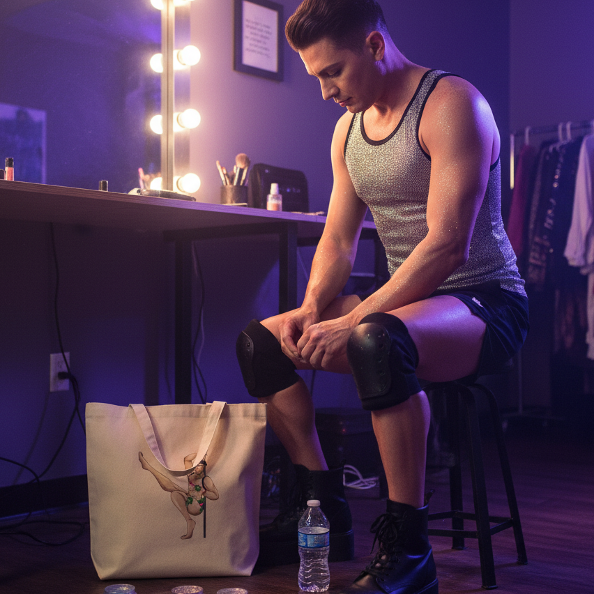 Performer psyching up backstage with a Gay Gogo Dancer Eco Tote Bag, featuring a pole dancer illustration. Organic cotton, spacious for essentials, embodies queer pride and self-expression.
