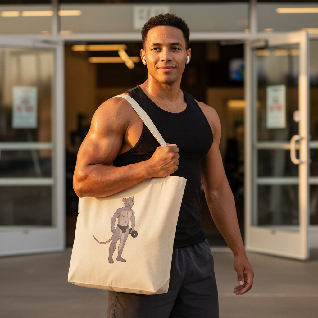 Gay Gym Rat Eco Tote Bag in hand, rocked by a fit guy in black workout gear, grinning with earbuds after his sweat sesh.