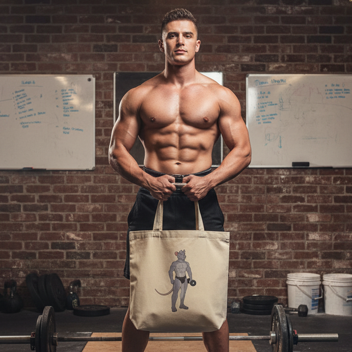 Muscular man showcases the Gay Gym Rat Eco Tote Bag with a bodybuilding rodent illustration, emphasizing queer pride and eco-consciousness in a vibrant gym setting.