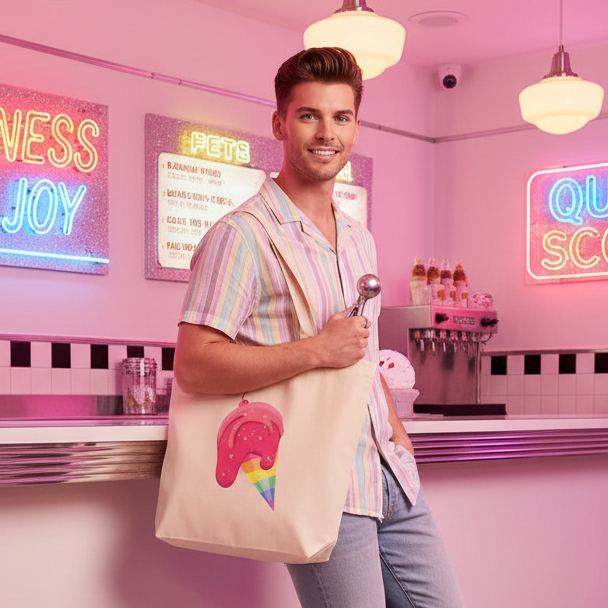 Young man in pastel-striped shirt holds a Gay Icecream Eco Tote Bag with a melting rainbow ice cream cone print, embodying queer pride and self-expression in a retro-style ice cream shop.