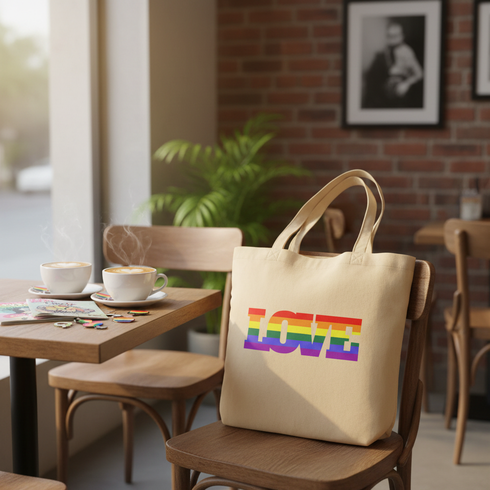 Cream organic cotton eco tote bag with rainbow "LOVE" text, resting on a wooden café chair near coffee cups and pride pins.
