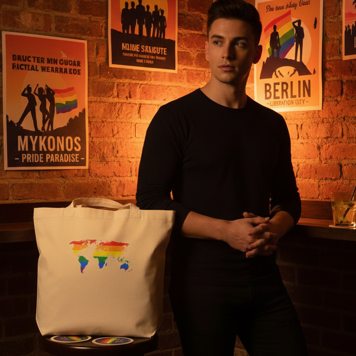 Young man in a brick lounge with LGBTQ+ posters, showcasing the Gay Map Eco Tote Bag—a natural-canvas bag with rainbow world map, symbolizing pride and eco-consciousness, alongside matching pride-themed coasters and cocktail.