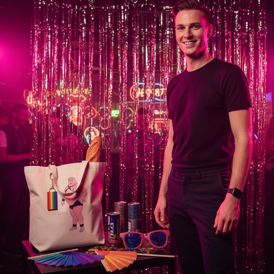 A young man poses with the Gay Pig Eco Tote Bag featuring a cartoonish figure, surrounded by a rainbow-striped keychain, baguette, glittery sunglasses, and a pride fan, exuding vibrant, queer celebration.