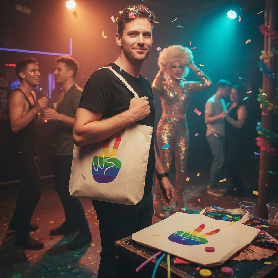 A man joyfully holds a Gay Pride Eco Tote Bag with a rainbow peace sign, embodying queer empowerment and eco-consciousness. The spacious organic cotton bag is perfect for expressing pride and individuality.