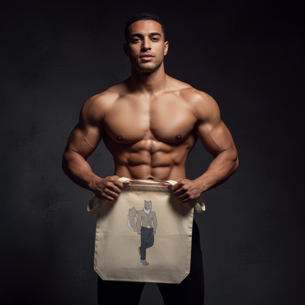 Gay Wolf Eco Tote Bag held at waist by a shirtless man; bag shows an illustrated wolf in pants and T-shirt, bold queer vibes.