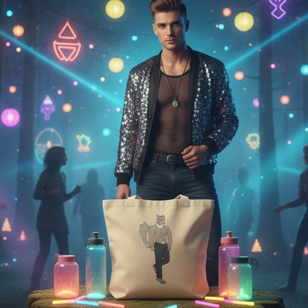 Young man in a sequined bomber jacket proudly holds the Gay Wolf Eco Tote Bag, showcasing an anthropomorphic wolf design. Surrounded by glowing jars, he embodies queer empowerment and eco-conscious style.