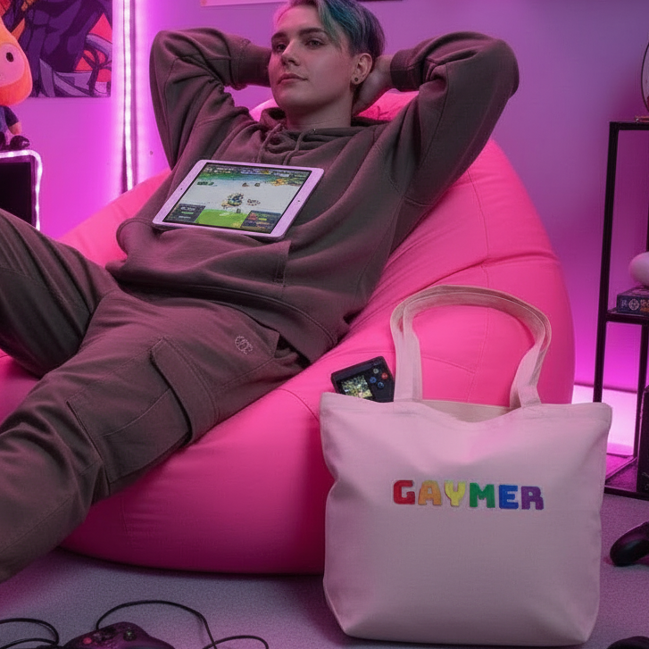 White tote bag with multicolored GAYMER lettering beside a seated gamer in a pink-lit room