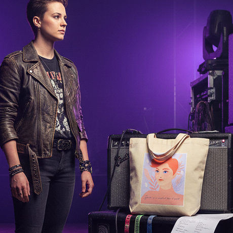 Canvas tote bag with an illustrated red-haired person, displayed on amplifiers beside a musician