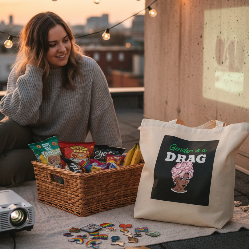 Young person sits with the Gender Is A Drag Eco Tote Bag featuring a pink-haired drag performer, surrounded by Pride-themed pins, snacks, and a projector, under warm string lights.