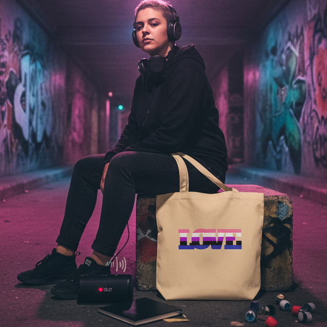 Person wearing headphones sits beside a tan tote bag printed with striped LOVE lettering