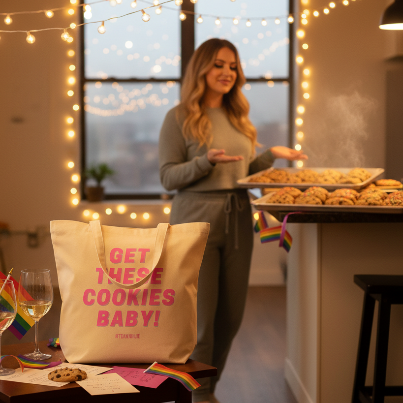 Canvas tote reading “GET THESE COOKIES BABY!” beside cookies and rainbow flags