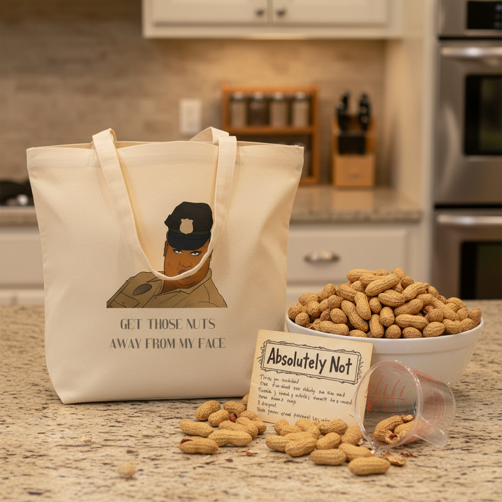 Cream canvas tote bag with stylized police officer design, captioned “Get those nuts away from my face,” beside peanuts on a countertop. Perfect for confident, eco-conscious, queer expression.