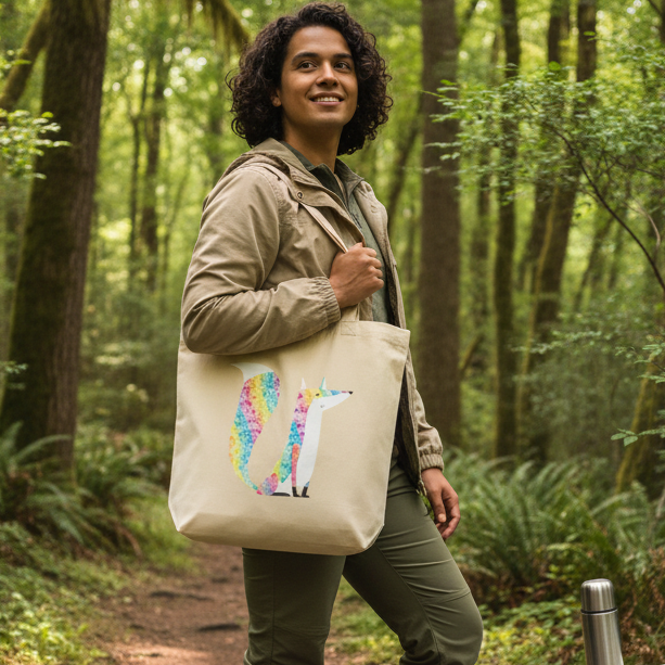Young person on a forest trail confidently carrying the Glitter Fox Eco Tote Bag, showcasing a colorful fox design. The organic cotton tote embodies eco-friendly, queer pride and self-expression. Perfect for nature walks and everyday adventures.