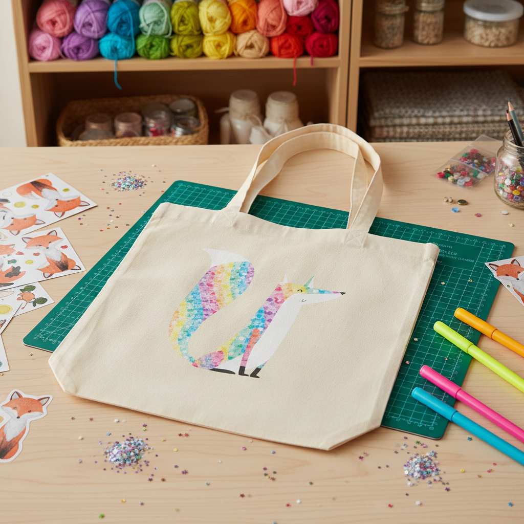 Glitter Fox Eco Tote Bag on a craft mat, featuring a vibrant watercolor fox graphic, surrounded by colorful markers and craft supplies, embodying queer pride and eco-conscious self-expression.
