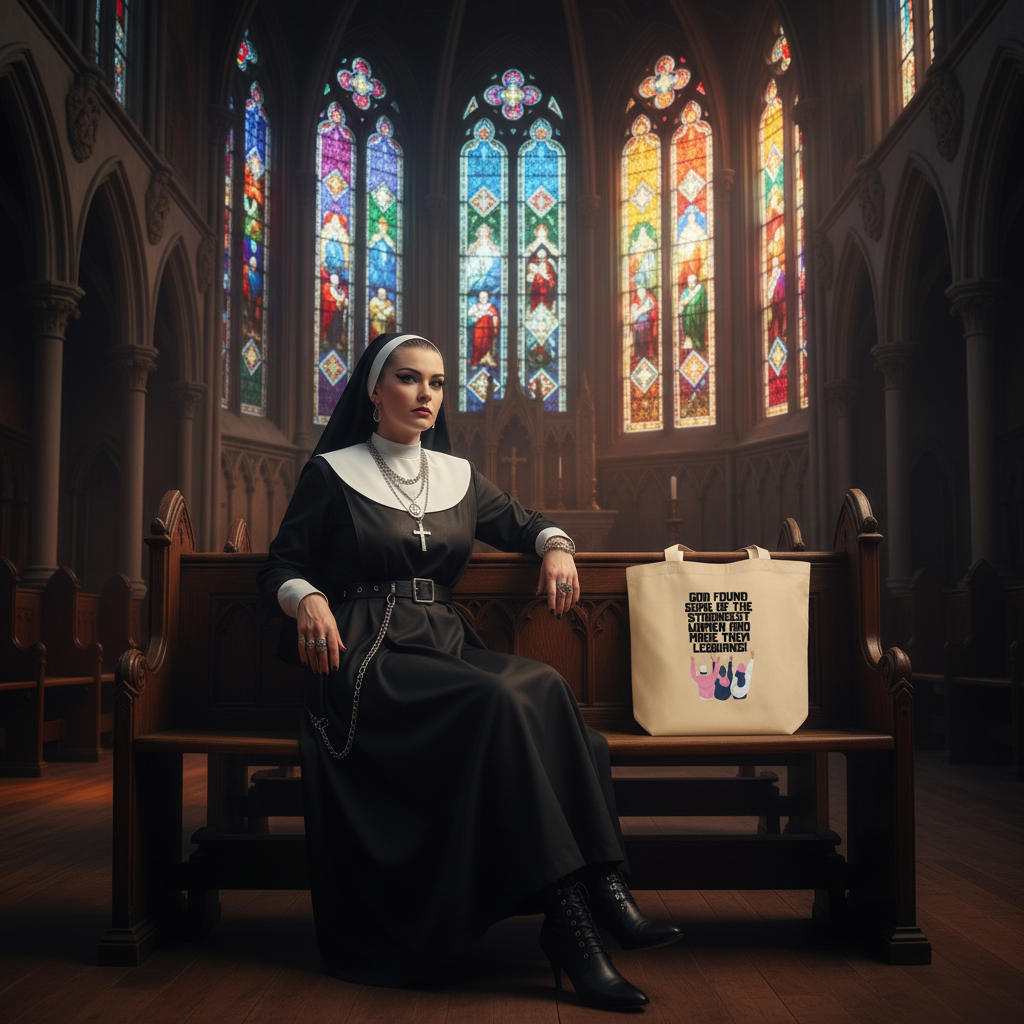 Eco tote bag reading "God Found The Strongest Women" with bold, cartoon graphics beside a nun in black and white on a pew.