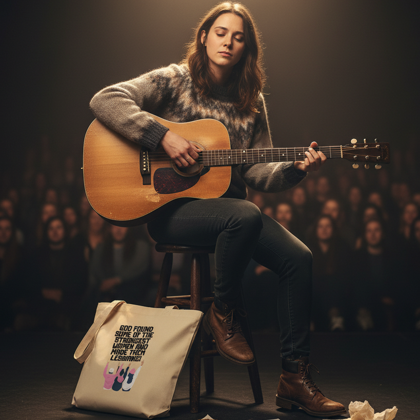 Young woman playing guitar under spotlight with a God Found The Strongest Women Eco Tote Bag at her feet, celebrating queer empowerment and eco-consciousness with bold, artistic flair.