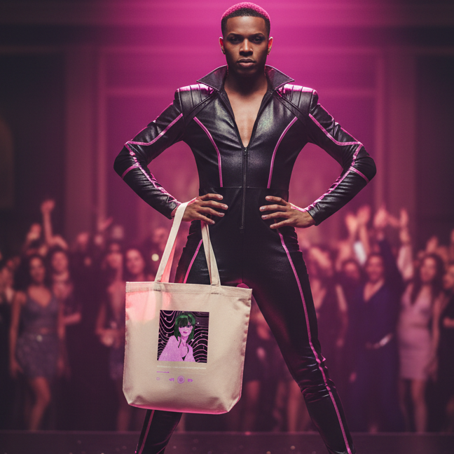 Model in a black-and-pink jumpsuit holds a cream tote with a purple-haired illustrated figure