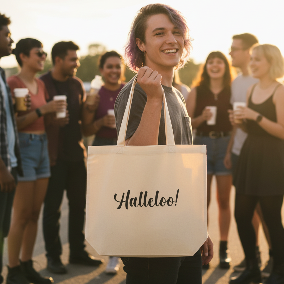 Eco tote bag with “Halleloo!” in black script, held by a smiling young person with light purple hair; diverse queer pals laugh behind.