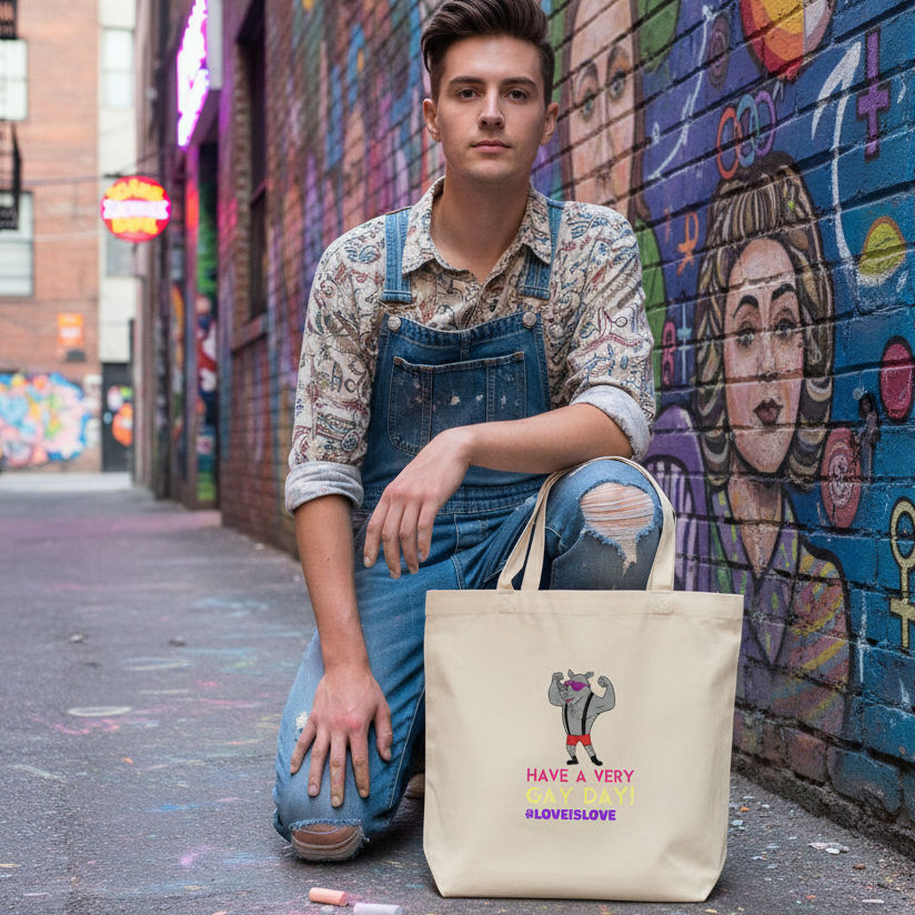 Young person kneeling in a graffiti-covered alley, showcasing the Have A Very Gay Day! Eco Tote Bag with a flexing figure design. The organic cotton tote embodies pride, visibility, and empowerment.