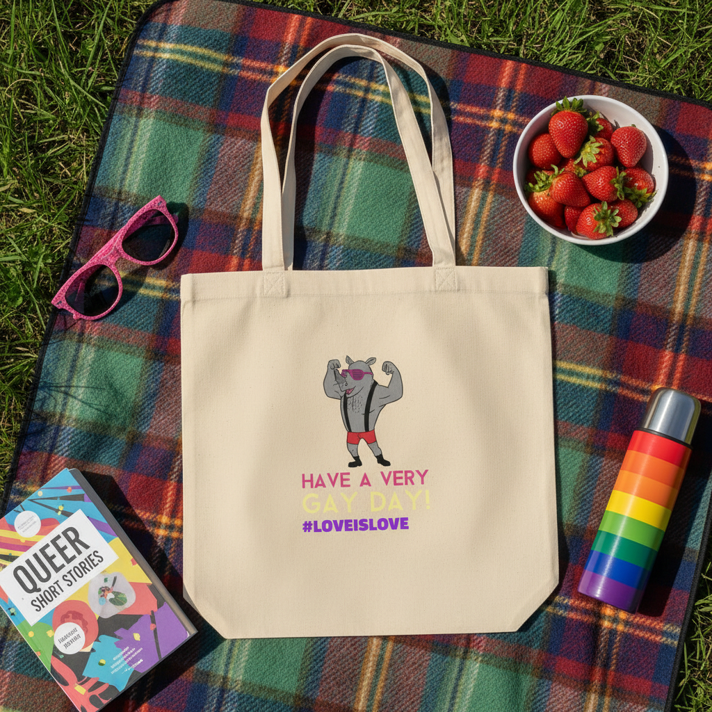 Have A Very Gay Day! Eco Tote Bag featuring a rhino in red shorts and sunglasses, surrounded by a book, sunglasses, strawberries, and a rainbow water bottle on a picnic blanket.