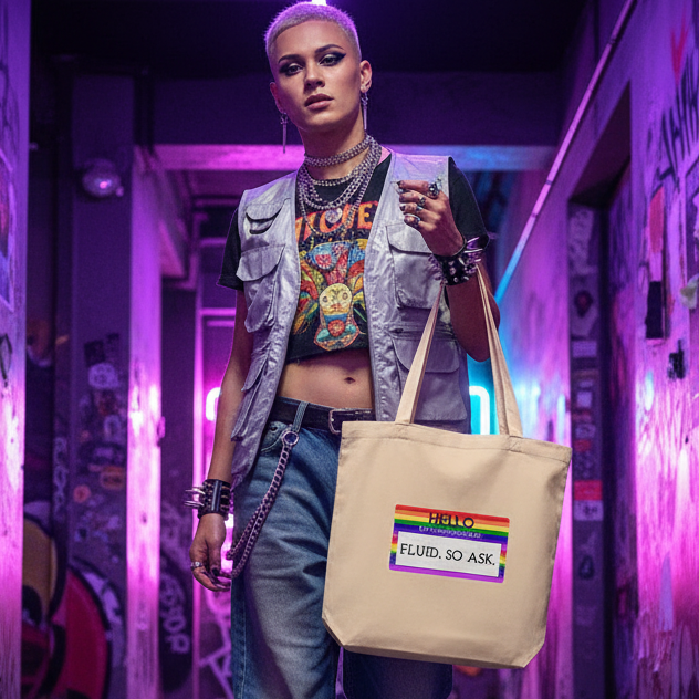 Model holds a canvas tote reading “HELLO” and “FLUID. SO ASK.” in a neon-lit corridor