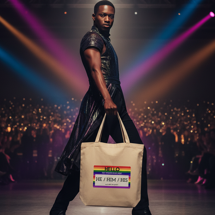 Model on runway with Hello My Pronouns Are He / Him / His Eco Tote Bag, showcasing its organic cotton build and vibrant name-badge design, embodying LGBTQIA+ pride and empowering self-expression.