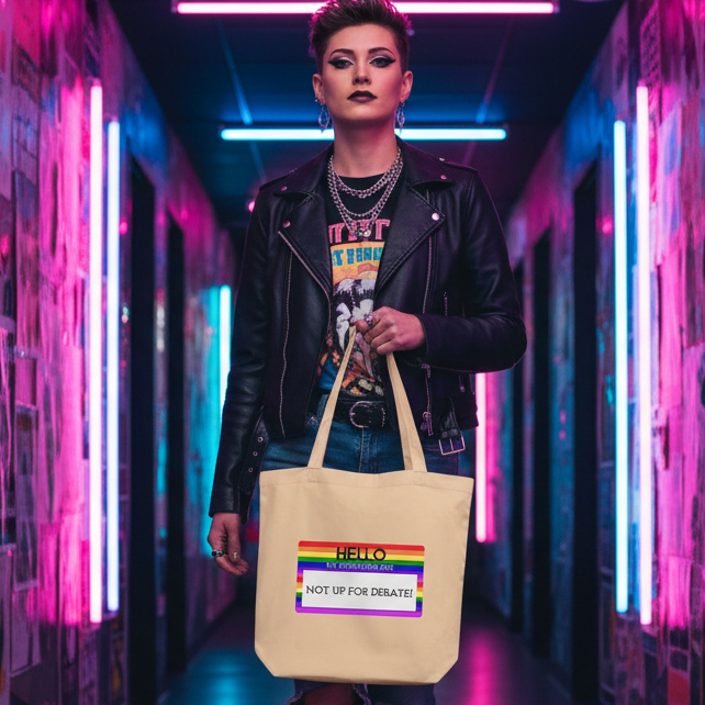 Person in a black leather jacket holds the Hello My Pronouns Are Not Up For Debate Eco Tote Bag, showcasing vibrant pride with its rainbow border, embodying queer self-expression and empowerment in a neon-lit hallway.