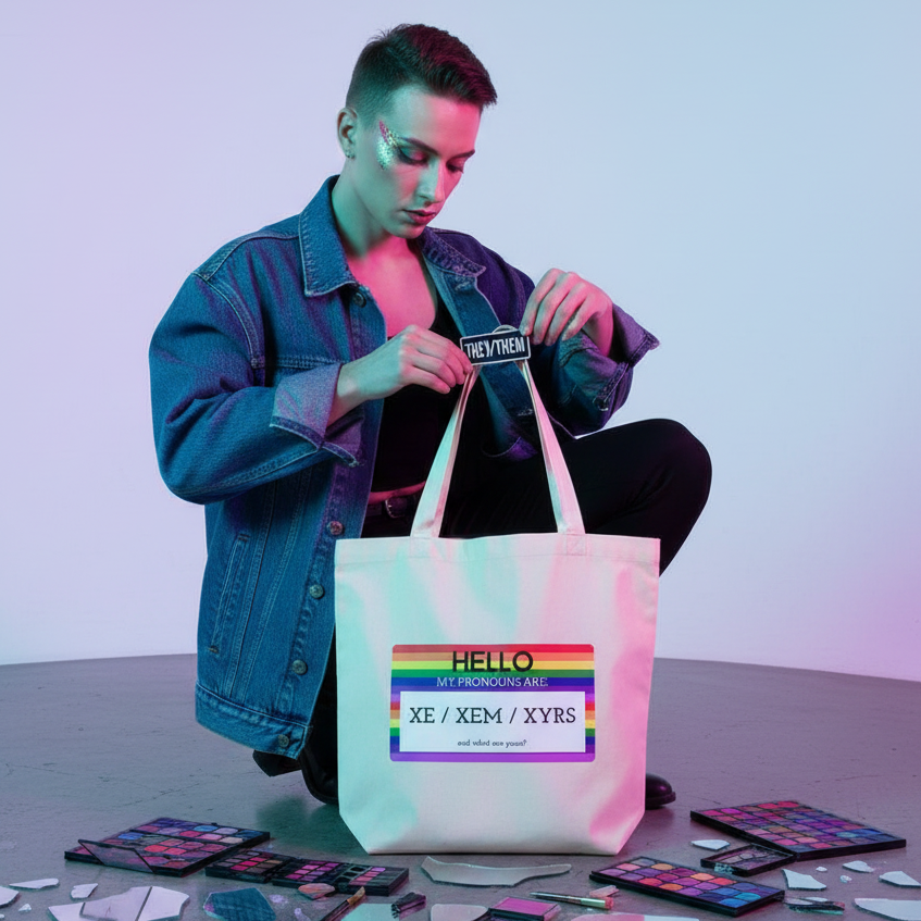 Person with short hair, wearing a denim jacket, holds the Hello My Pronouns Are Xe / Xem / Xyrs Eco Tote Bag amidst mirror shards and makeup, embodying bold, prideful self-expression and eco-consciousness.
