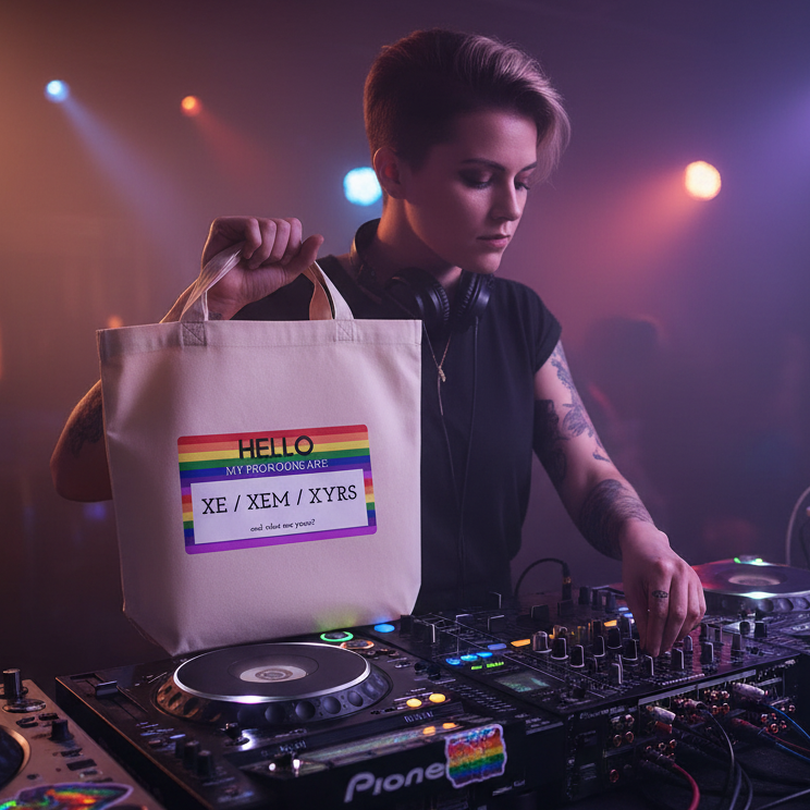 DJ in a club holds a Hello My Pronouns Are Xe / Xem / Xyrs Eco Tote Bag, showcasing queer pride and self-expression. The organic cotton tote features a rainbow name-tag, embodying empowerment and visibility.