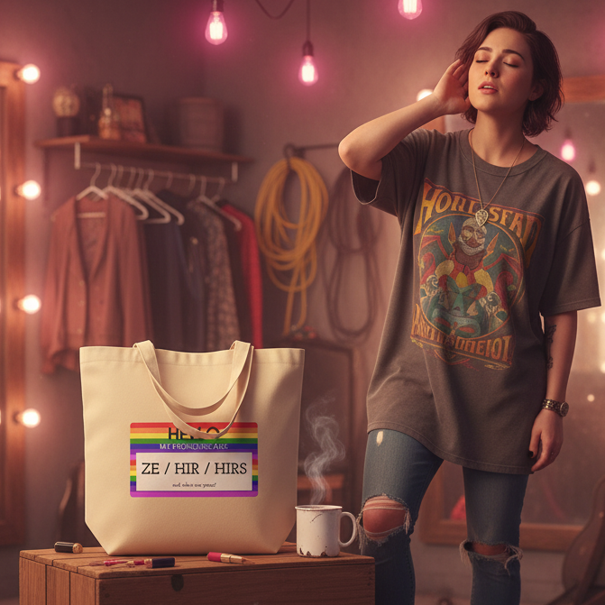 Hello My Pronouns Are Ze / Hir / Hirs Eco Tote Bag sits atop a wooden crate, embodying pride and inclusivity. Nearby, a steaming mug and markers complement this organic cotton tote in a dreamy setting.