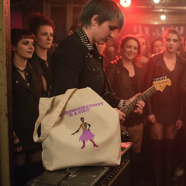 Cream tote bag reading “Heteronormativity Is a Cult” with a rainbow-clad figure, beside a guitarist onstage