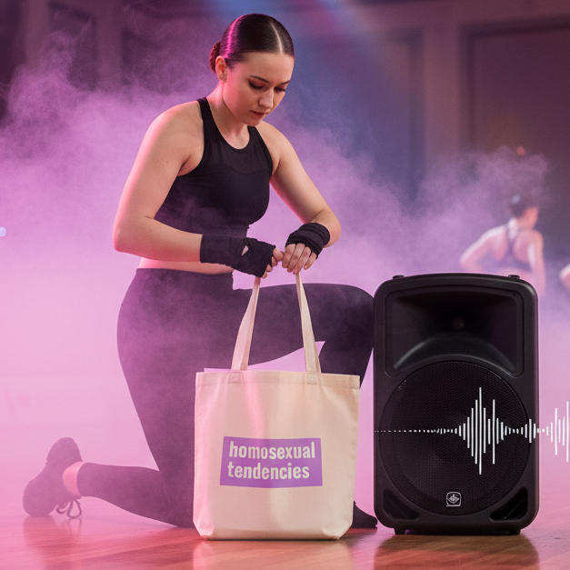 A young woman kneels with a Homosexual Tendencies Eco Tote Bag, boldly labeled, highlighting prideful self-expression and eco-conscious style. A portable speaker and soft lighting evoke vibrant, queer energy.
