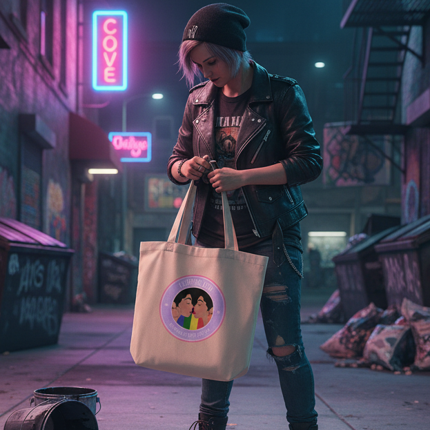 A young person proudly holds the I Choose Love Eco Tote Bag featuring a vibrant rainbow graphic, embodying queer pride and self-expression amid a gritty urban alley.
