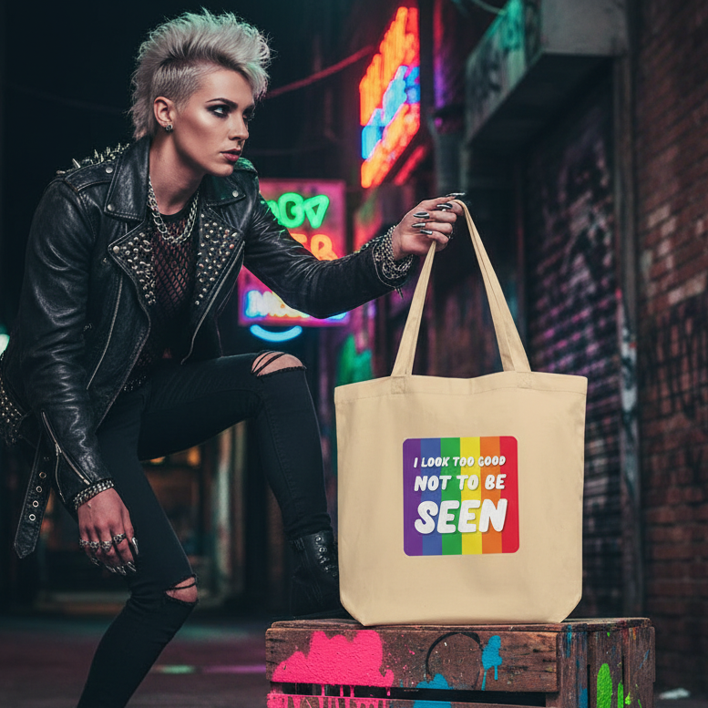 Young person with platinum-blonde undercut showcases the I Look Too Good Eco Tote Bag, featuring a vibrant rainbow design, in an edgy neon-lit alley, embodying prideful self-expression and eco-consciousness.